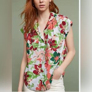 Anthropologie Maeve Tropical Stripe Button Down Camp Shirt Medium EEUC 🥰